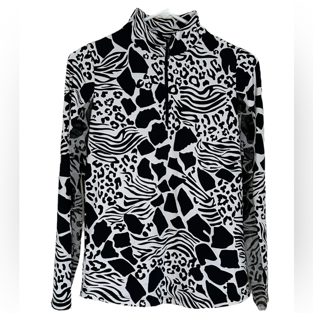 IBKUL Bianca Long Sleeve Zip Mock Neck Top Black White UPF 50+ Women’s Size XS